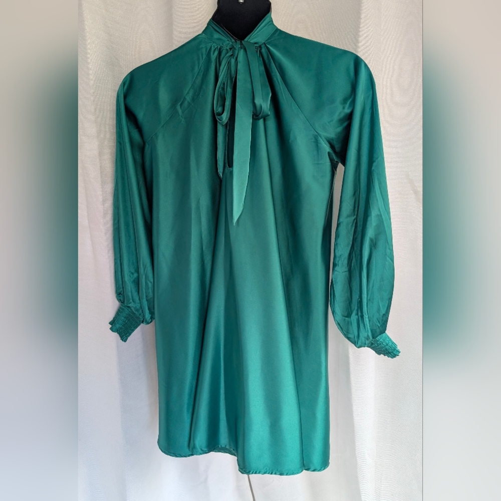 Emerald Green High Shine High tie neck Long Sleeve Flowing Aura Dress - Picture 16 of 16